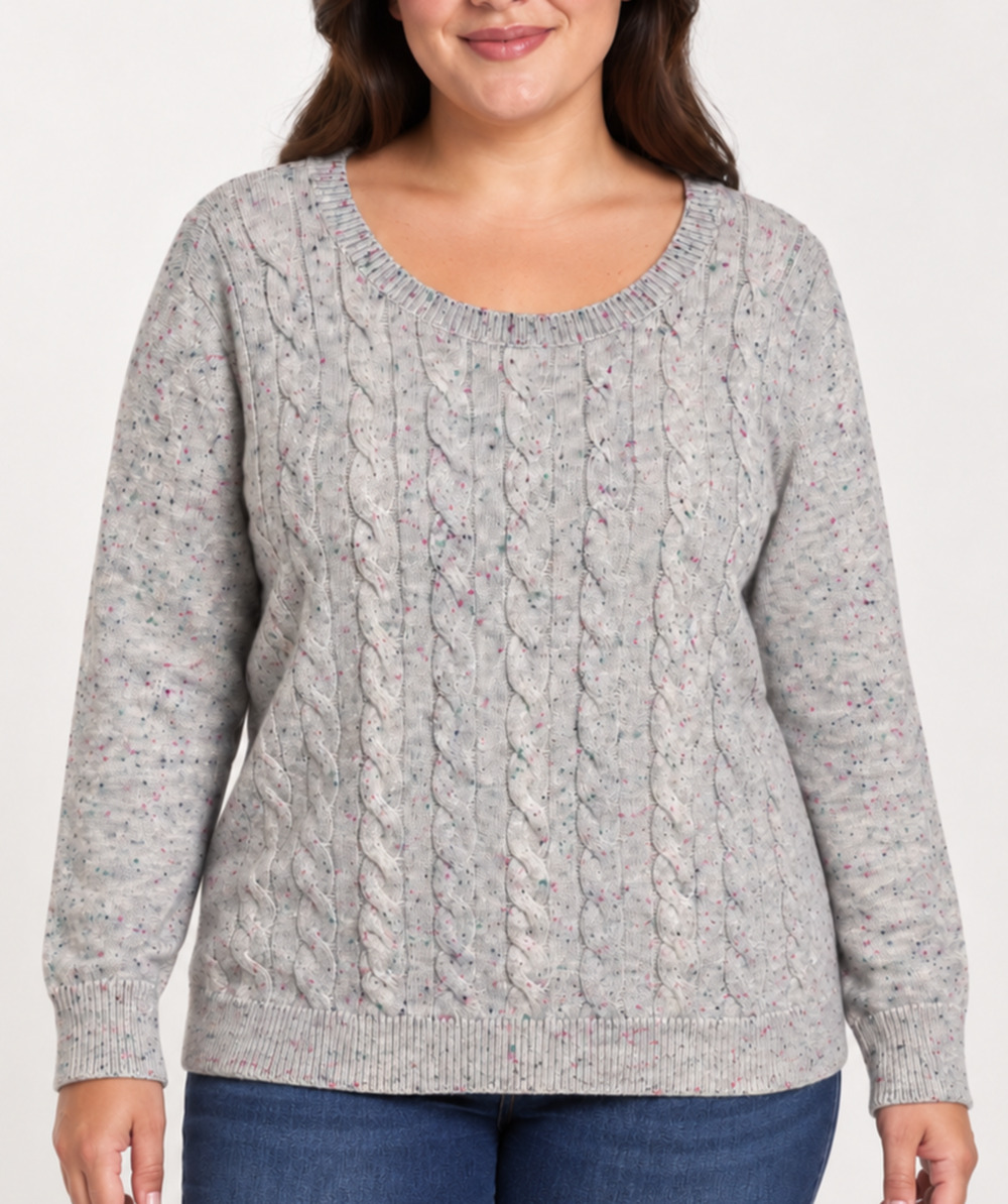 Talbots Plus Sweater Womens 3X Gray Confetti Cable Knit Cotton Blend Pullover